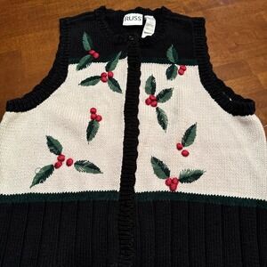 Vintage Womens Sweater Vest Christmas Black Red Green Holly Print 1990s Size L